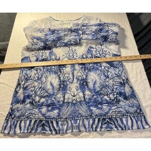 Chicos Beaded Sequin Embellished Blouse Womens Size 1 Blue White Long Sleeves